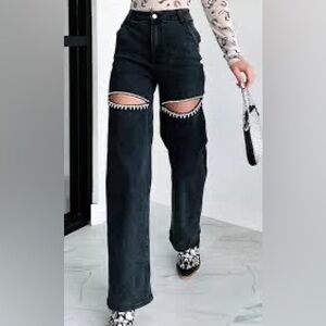 High rise Rhinestone cut out black denim jeans heart shaped butt